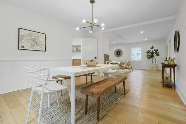 Dining room, Interior, Pendant Lights, Recessed Lighting, Wood Texture Flooring