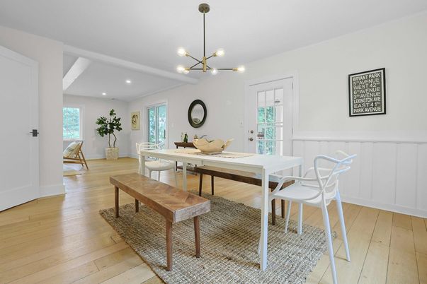 Dining room, Interior, Pendant Lights, Recessed Lighting, Wood Texture Flooring