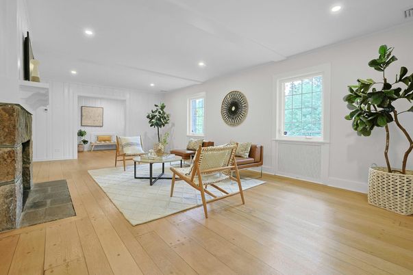 Fireplace, Interior, Living room, Recessed Lighting, Wood Texture Flooring