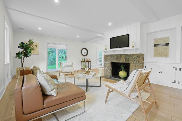 Fireplace, Interior, Living room, Recessed Lighting, Wood Texture Flooring