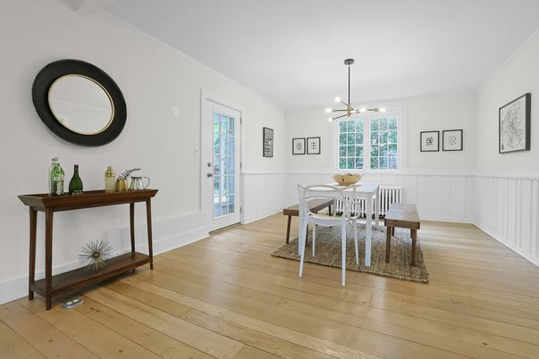 Dining room, Interior, Pendant Lights, Wood Texture Flooring