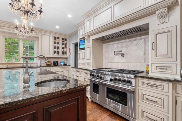 Chandelier, Interior, Kitchen, Recessed Lighting, Stainless Steel Appliances, Wood Texture Flooring