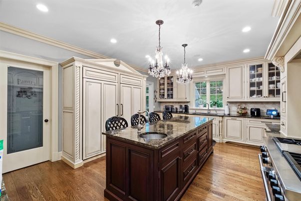 Chandelier, Interior, Kitchen, Recessed Lighting, Stainless Steel Appliances, Wood Texture Flooring
