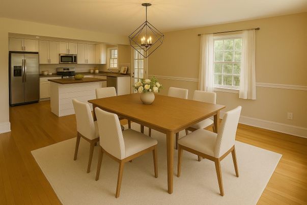 Chandelier, Dining room, Interior, Kitchen, Pendant Lights, Stainless Steel Appliances, Wood Texture Flooring