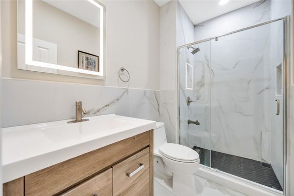Bathroom, Glass Shower, Interior, Marble, Marble Walls, Recessed Lighting