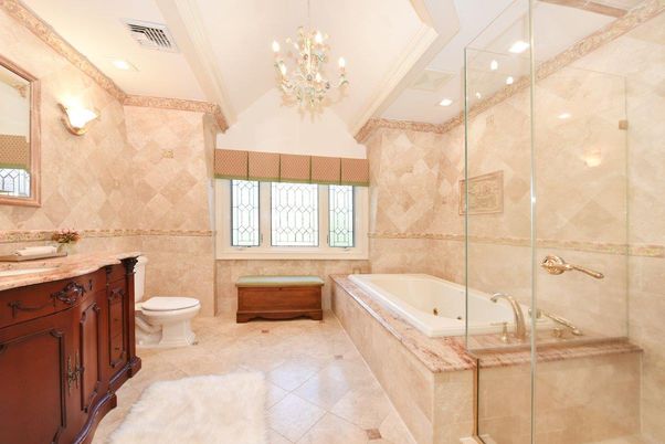 Bathroom, Chandelier, Glass Shower, Interior, Recessed Lighting