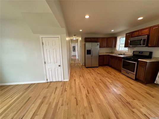 Interior, Kitchen, Recessed Lighting, Stainless Steel Appliances, Wood Texture Flooring