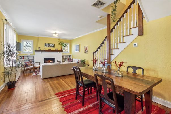 Dining room, Fireplace, Interior, Living room, Wood Texture Flooring