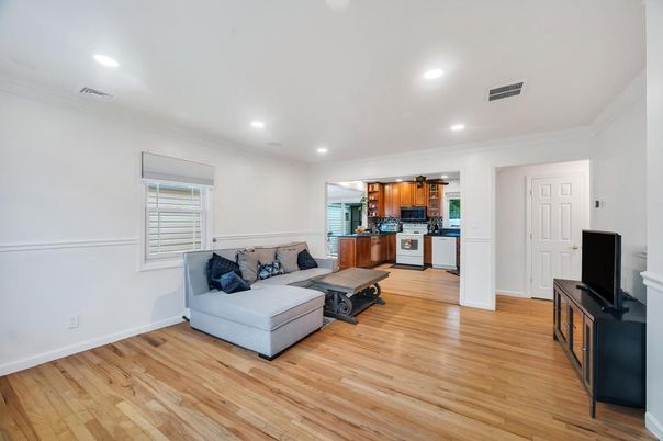 Interior, Kitchen, Living room, Recessed Lighting, Stainless Steel Appliances, Wood Texture Flooring