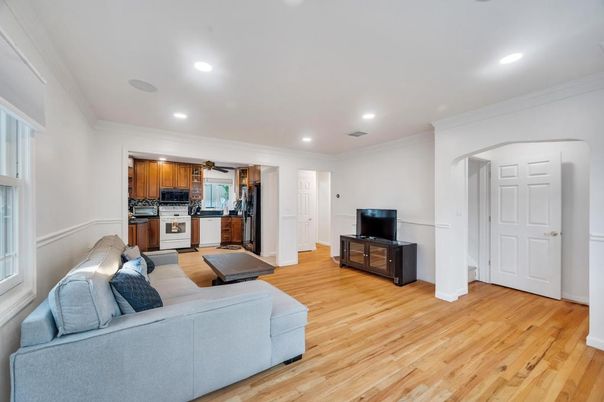 Interior, Kitchen, Living room, Recessed Lighting, Stainless Steel Appliances, Wood Texture Flooring