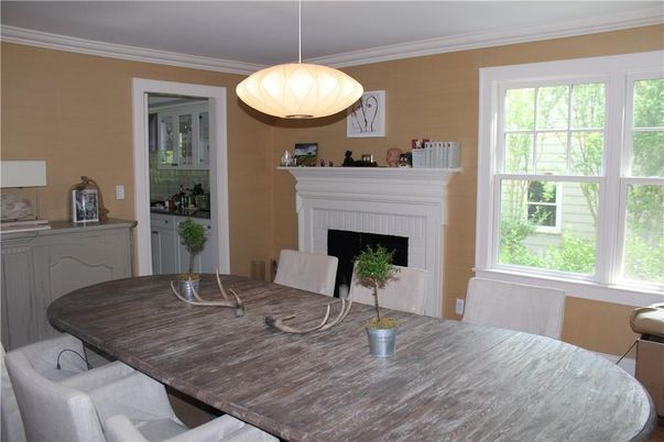 Dining room, Fireplace, Interior, Pendant Lights