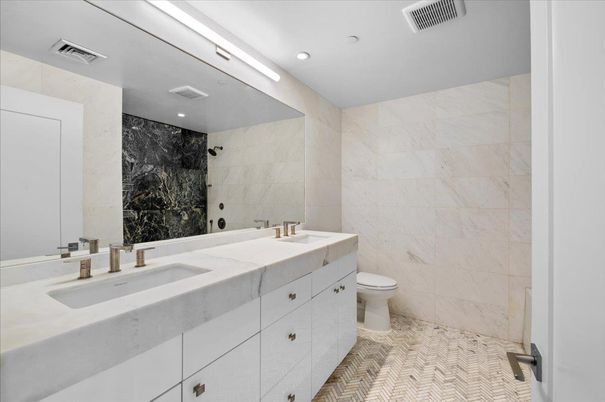 Bathroom, Dual Sink Vanities, Interior, Marble Walls, Recessed Lighting