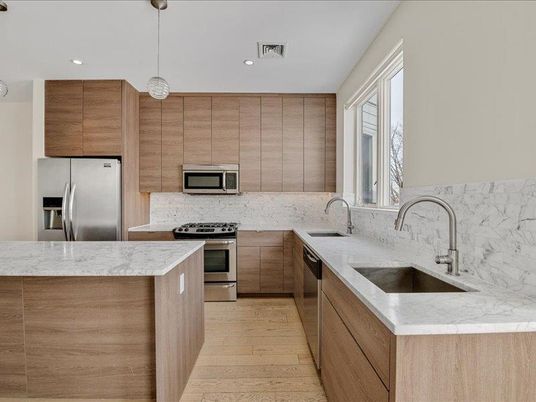 Interior, Kitchen, Pendant Lights, Recessed Lighting, Stainless Steel Appliances, Wood Texture Flooring