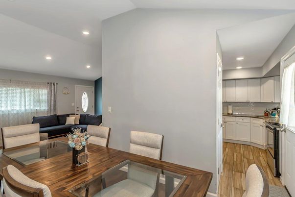Dining room, Interior, Kitchen, Living room, Recessed Lighting, Wood Texture Flooring