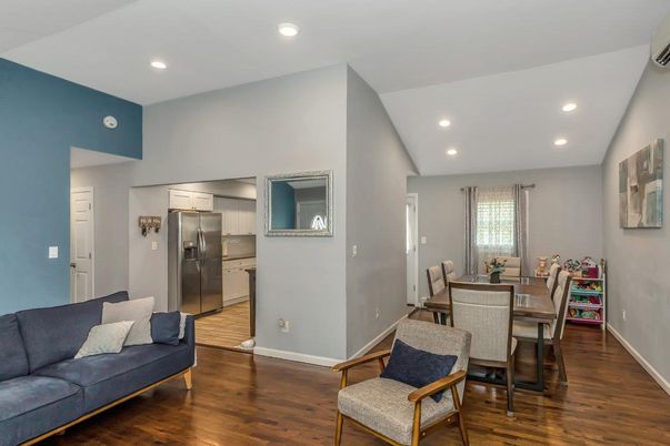 Dining room, Interior, Kitchen, Recessed Lighting, Stainless Steel Appliances, Wood Texture Flooring