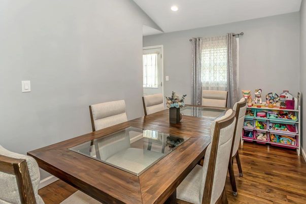 Dining room, Interior, Recessed Lighting, Wood Texture Flooring