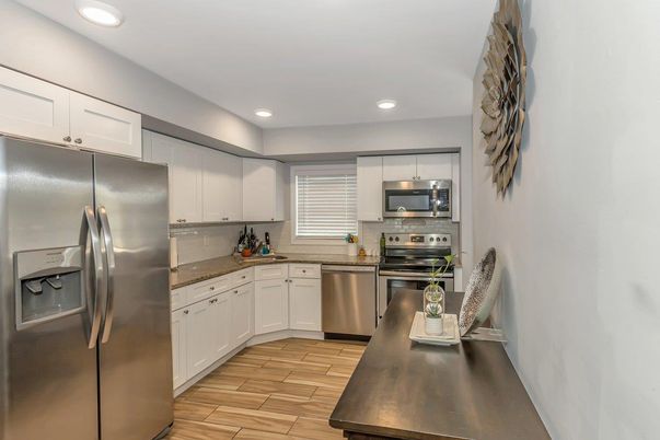Interior, Kitchen, Recessed Lighting, Stainless Steel Appliances, Wood Texture Flooring
