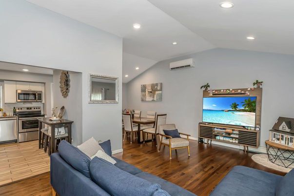 Dining room, Interior, Kitchen, Recessed Lighting, Stainless Steel Appliances, Water, Wood Texture Flooring