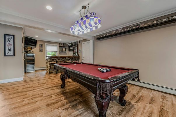 Billiard Table, Game Room, Interior, Recessed Lighting, Wood Texture Flooring