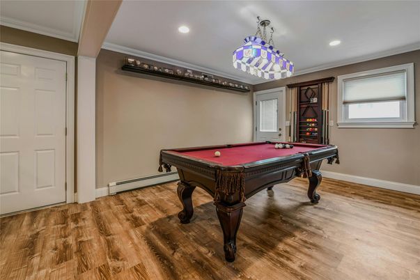 Billiard Table, Game Room, Interior, Recessed Lighting, Wood Texture Flooring