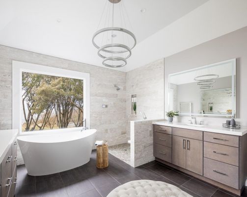 Bathroom, Dual Sink Vanities, Free Standing Baths, Interior, Pendant Lights