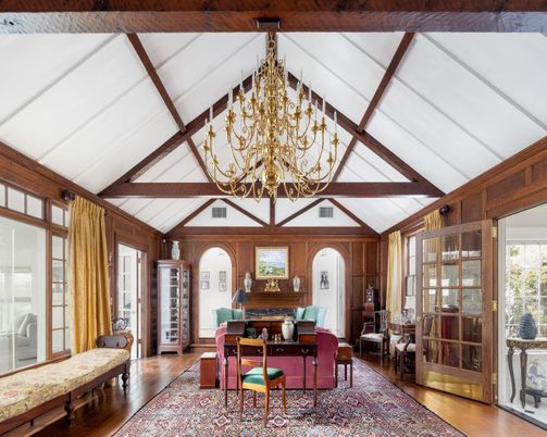 Chandelier, Interior, Living room, Wooden Beams, Wood Texture Flooring