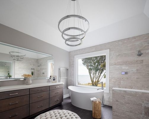 Bathroom, Dual Sink Vanities, Free Standing Baths, Interior, Pendant Lights, Wood Texture Flooring