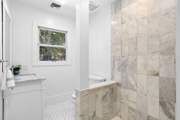 Bathroom, Interior, Marble Walls, Recessed Lighting