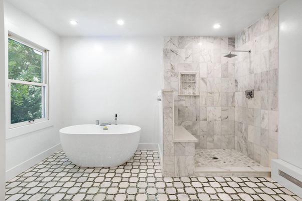 Bathroom, Free Standing Baths, Interior, Marble Walls, Recessed Lighting