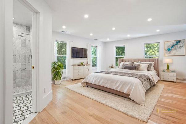 Bathroom, Bedroom, Glass Shower, Interior, Marble Walls, Recessed Lighting, Wood Texture Flooring