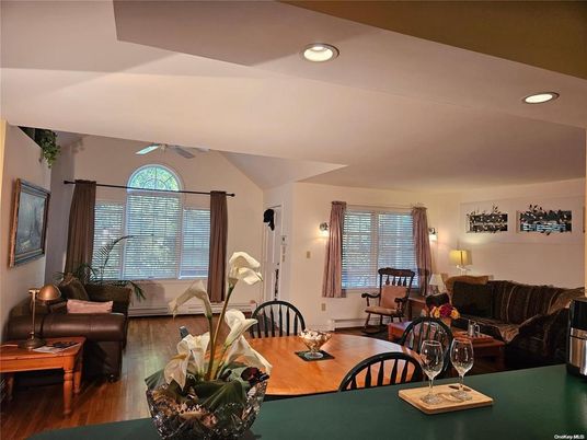Dining room, Interior, Living room, Recessed Lighting, Wood Texture Flooring