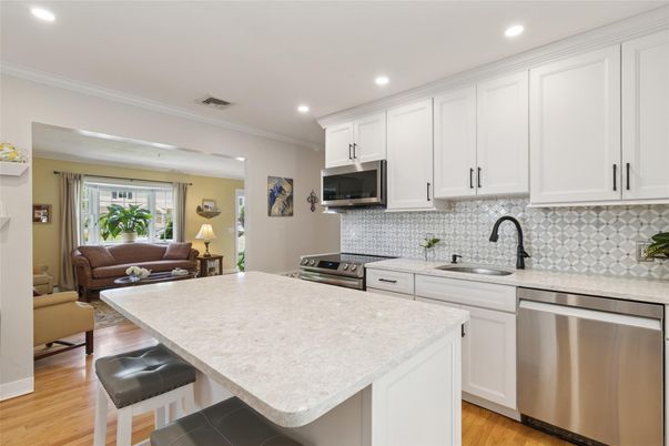 Interior, Kitchen, Living room, Recessed Lighting, Stainless Steel Appliances, Wood Texture Flooring