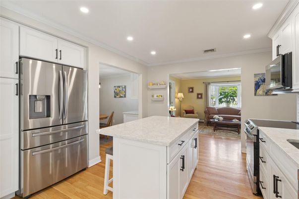 Interior, Kitchen, Living room, Recessed Lighting, Stainless Steel Appliances, Wood Texture Flooring