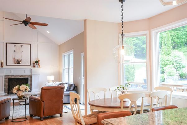 Dining room, Fireplace, Interior, Living room, Pendant Lights, Recessed Lighting, Wood Texture Flooring