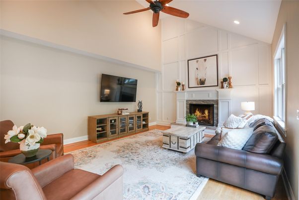 Fireplace, Interior, Living room, Recessed Lighting, Wood Texture Flooring