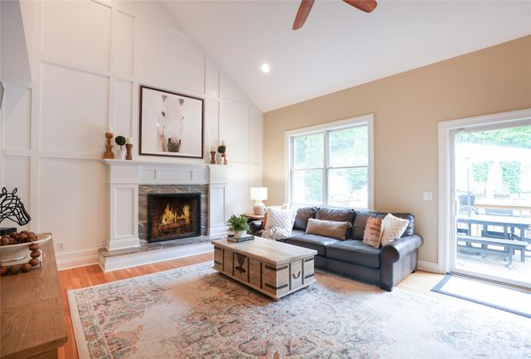 Fireplace, Interior, Living room, Recessed Lighting, Wood Texture Flooring