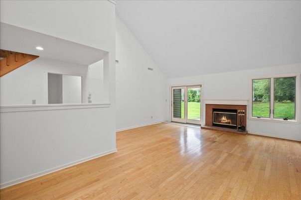 Empty room, Fireplace, Interior, Recessed Lighting, Wood Texture Flooring