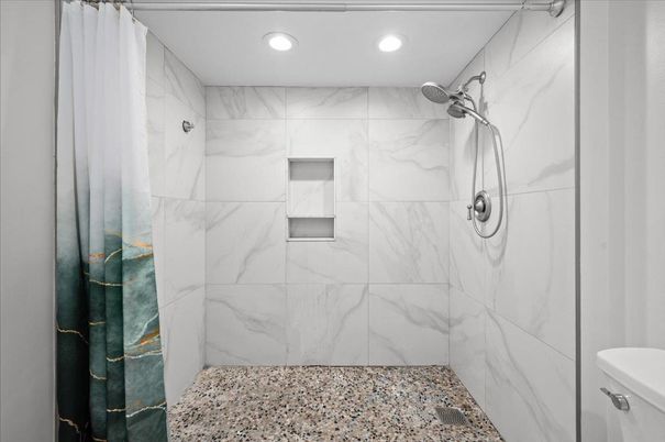 Bathroom, Glass Shower, Interior, Marble Walls, Recessed Lighting