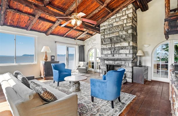Fireplace, Interior, Living room, Stone Walls, Water, Wooden Beams, Wooden Ceilings, Wood Texture Flooring