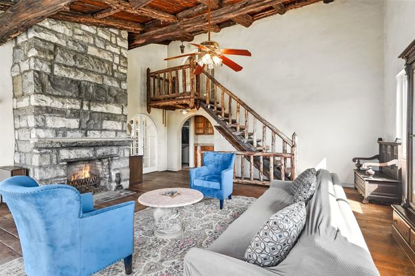 Fireplace, Interior, Living room, Stone Walls, Wooden Beams, Wood Texture Flooring