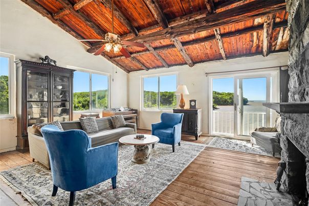 Fireplace, Interior, Living room, Water, Wooden Beams, Wooden Ceilings, Wood Texture Flooring
