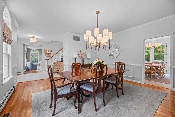 Chandelier, Dining room, Interior, Wood Texture Flooring