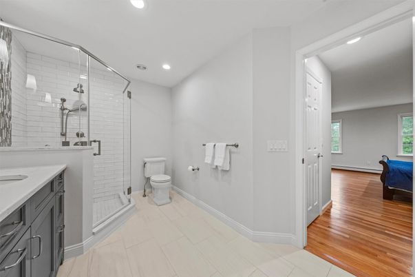 Bathroom, Glass Shower, Interior, Recessed Lighting, Wood Texture Flooring