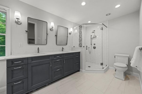 Bathroom, Dual Sink Vanities, Glass Shower, Interior, Recessed Lighting