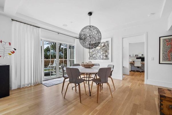 Dining room, Interior, Pendant Lights, Wood Texture Flooring