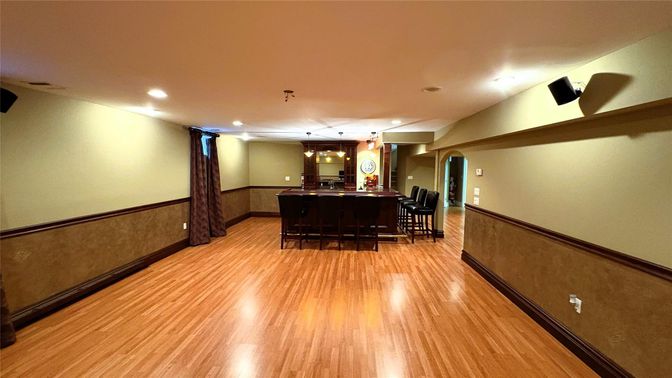 Dining room, Interior, Pendant Lights, Recessed Lighting, Wood Texture Flooring