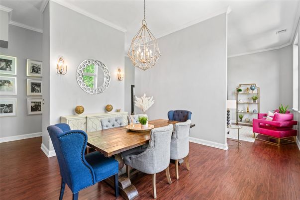 Dining room, Interior, Pendant Lights, Wood Texture Flooring