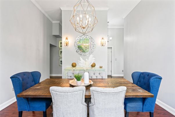 Dining room, Interior, Pendant Lights, Wood Texture Flooring