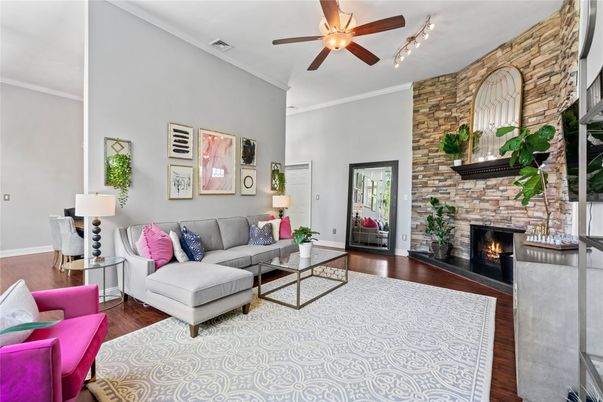 Fireplace, Interior, Living room, Stone Walls, Wood Texture Flooring