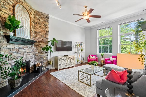 Fireplace, Interior, Living room, Stone Walls, Wood Texture Flooring